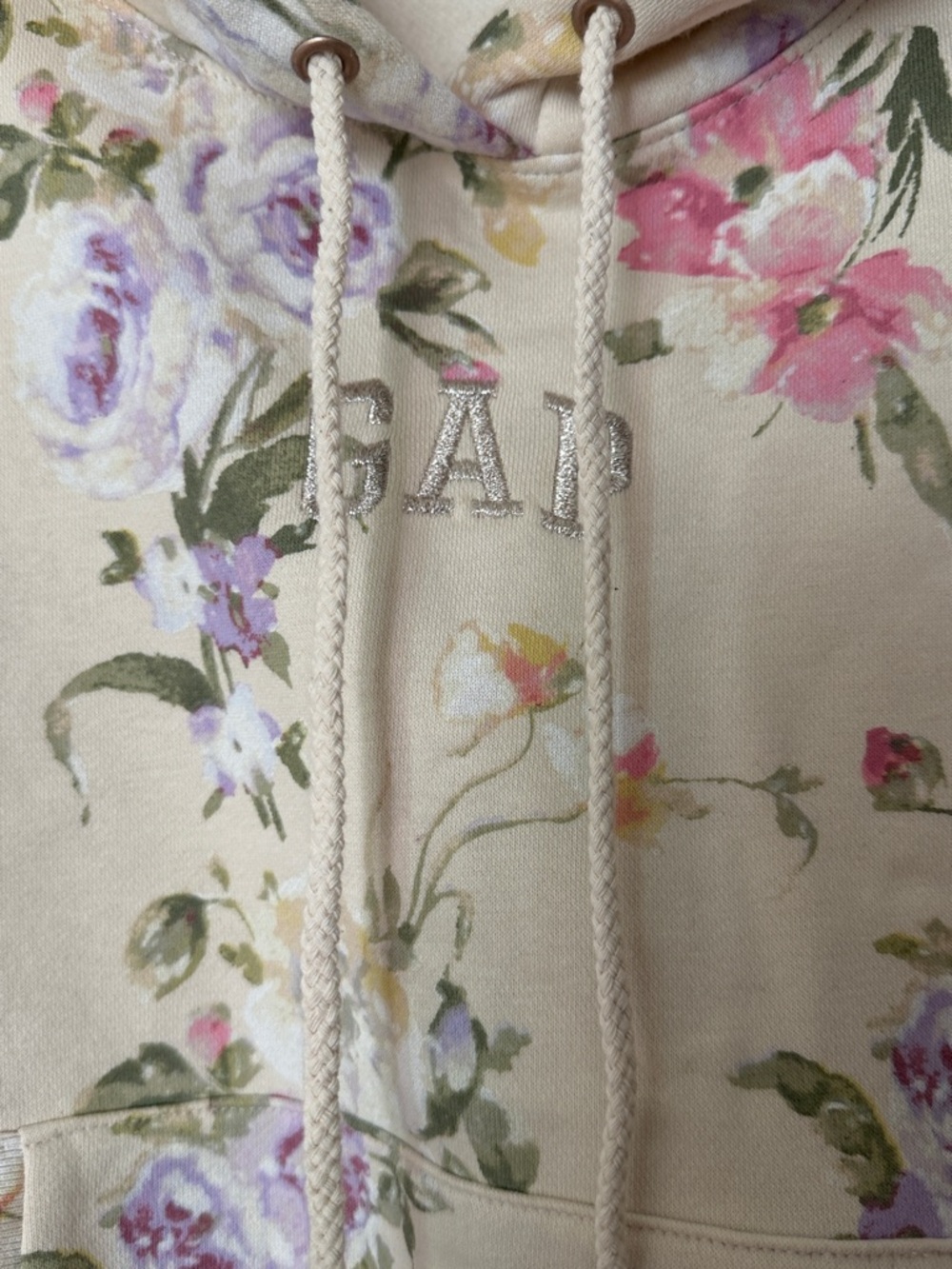 LoveShackFancy GapCream Floral Hooded Sweatshirt with Pink & Lavender Blooms - Picture 3 of 4